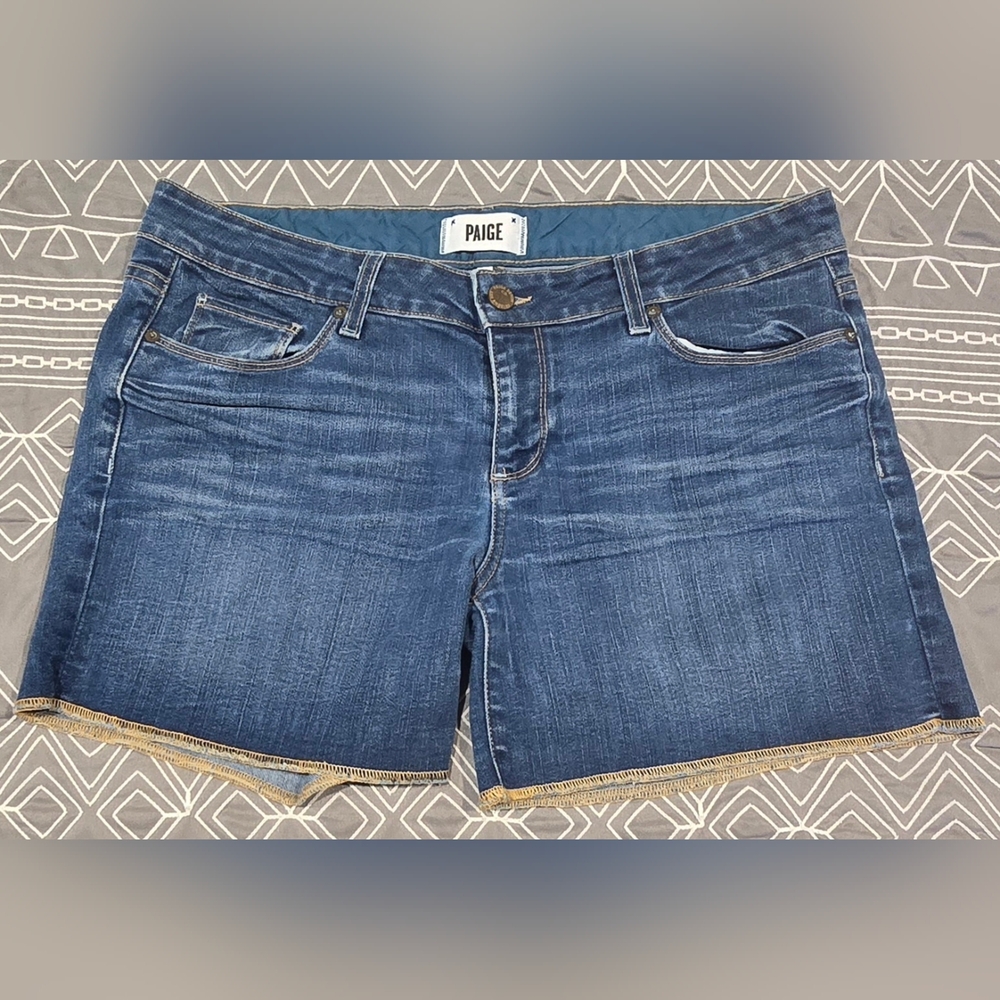PAIGE Blue Denim Shorts with Subtle Distress and Trim